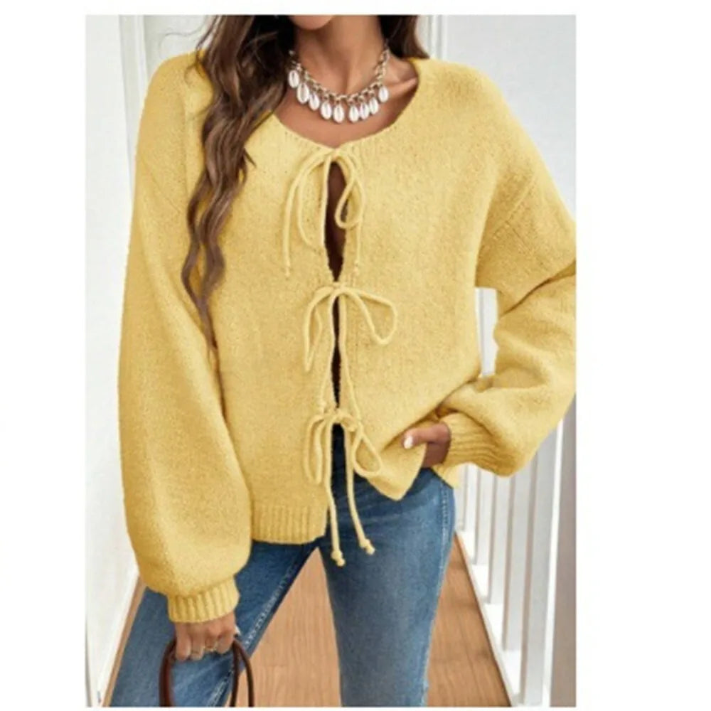 Women Solid Round Neck Lace Up Sweaters Cardigan Splice Knit Straight Jumpers Casual Long Sleeve Office Lady Autumn Winter
