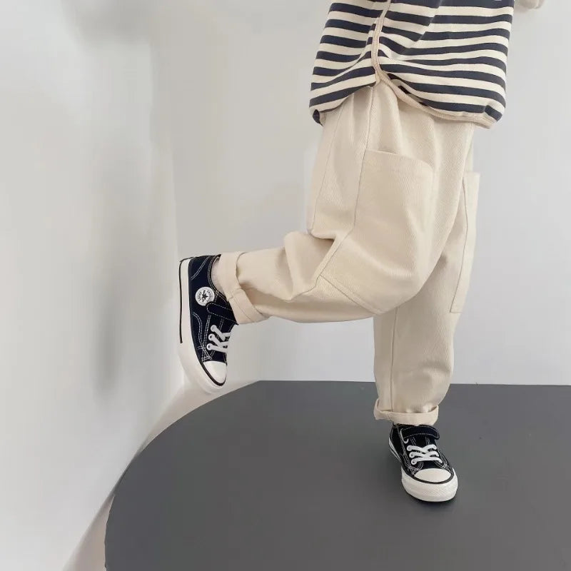 Spring Autumn New Kids cargo pants solid color big pockets Boys Trousers fashion Girls loose casual pants