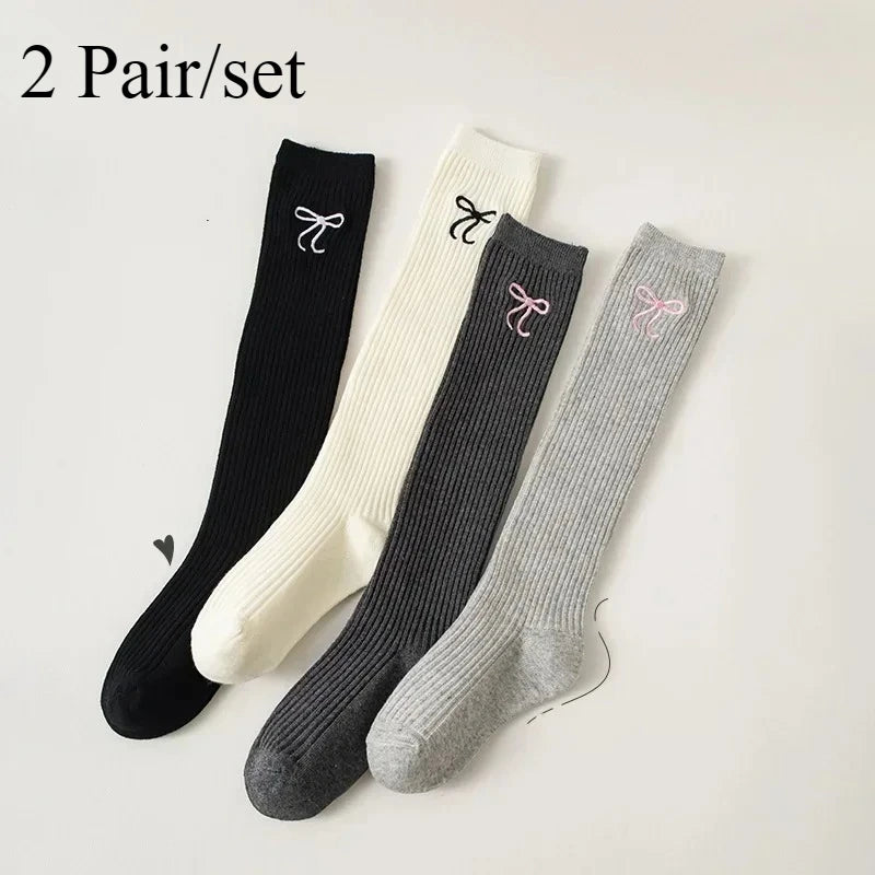 2 Pair/set Casual Korean Fashion Knee High Sock for Kids Girl Jacquard Bow Sweet Over Knee Children's Sock Soft Cotton Sock
