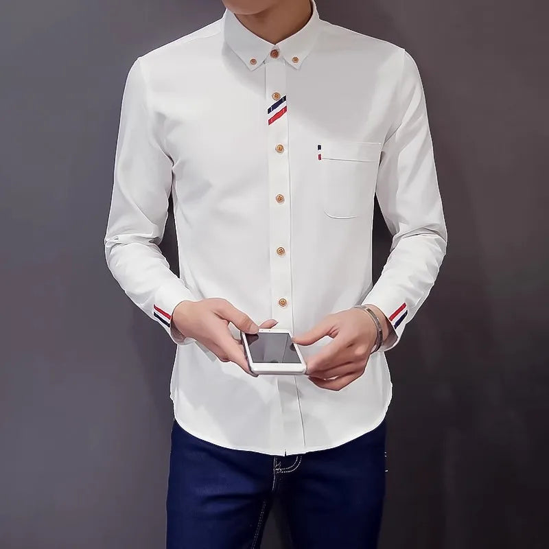 2023 Spring Men's Casual Solid Oxford Dress White Shirt Single Patch Pocket Long Sleeve Regular-fit Button-down  Shirts