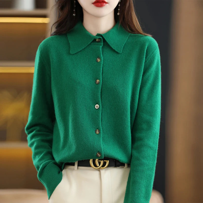 "Women's Pure Wool Lapel Cardigan – Autumn & Winter Casual Sweater"