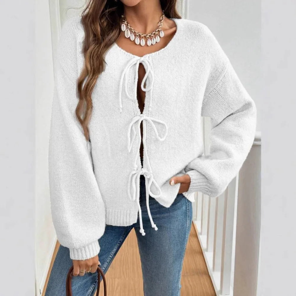 Women Solid Round Neck Lace Up Sweaters Cardigan Splice Knit Straight Jumpers Casual Long Sleeve Office Lady Autumn Winter