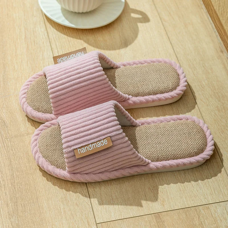 Striped Slippers Women Autumn Home Linen Flip Flops Couples Indoor House Non Slip Sandals Guest Shoes Male Flat Flax Sneaker