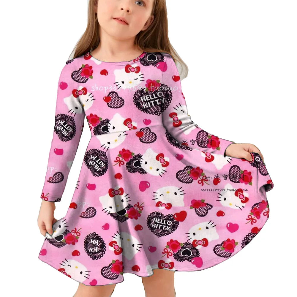 Hello Kitty Kuromi Autumn Dress Girl Dresses Children Dresses Kawaii 3d Cartoon Print Cute Kuromi Girl Clothing Vestidos