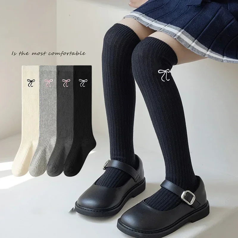 2 Pair/set Casual Korean Fashion Knee High Sock for Kids Girl Jacquard Bow Sweet Over Knee Children's Sock Soft Cotton Sock