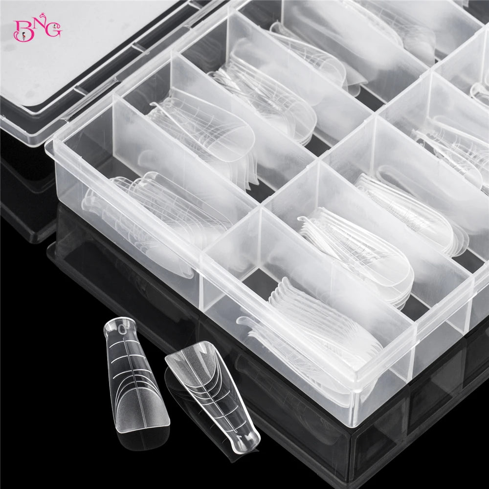 BNG 140Pcs Poly Extension Gel Dual Nail Forms Reusable Nail Molds for Builder Extension 14 Size Top Forms for Nail Art Design