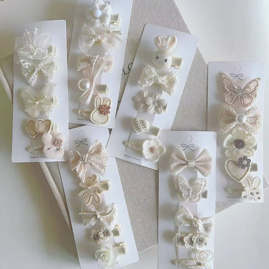 5PCS/Set Lace Bow Princess Baby Hairpins Cute Cartoon Bear Rabbit Sided Clips for Girl Floral Hair Clips Kids Hair Accessories