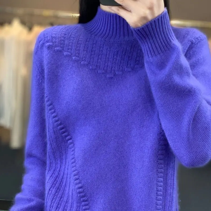 2024 Autumn New Loose Women's Semi-turtleneck Thickened Solid Color Simple Crochet Casual Knitted Sweater Pullover Top