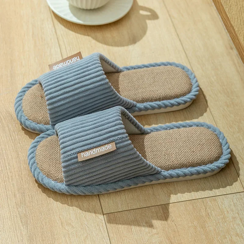 Striped Slippers Women Autumn Home Linen Flip Flops Couples Indoor House Non Slip Sandals Guest Shoes Male Flat Flax Sneaker