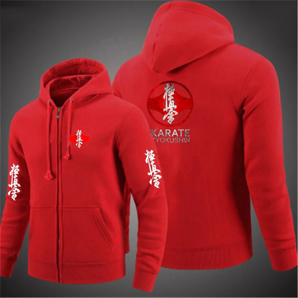 2025 Kyokushin Karate Printed Hooded Long Sleeve Men Jacket Drawstring Zipper Closure Solid Color Casual Sweatshirt Clothing