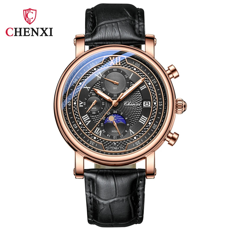 CHENXI 976 Multi functional Clock True Three Eye Six Needle Lunar Calendar Business Quartz Leather Men's Watches montres hommes