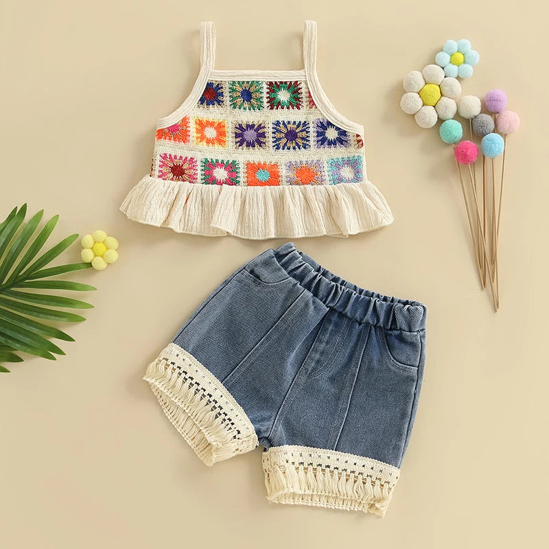 Pudcoco Kids Baby Girls Shorts Set, Flowers Camisole with Tasseled Denim Shorts Summer 2-piece Outfit 6M-4T