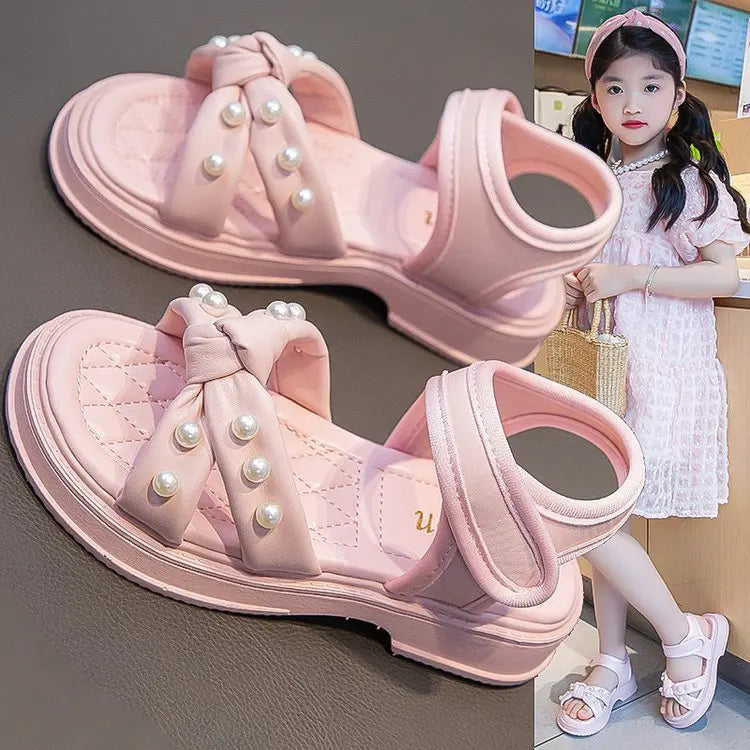 Little Girls Sandals 2024 Summer New Princess Shoes with Pearl for Party Wedding Kids Anti Slip Knot Beach Shoes for Vacation