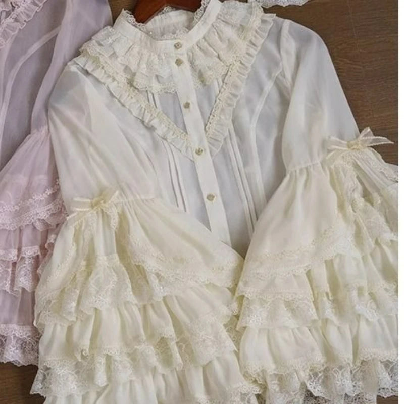 Pink Japan Lolita Flare Sleeve Sweet Bow Shirts Y2k Aesthetic Slash Neck Lace Patchwork Blouse Women Loose Grunge Ruffled Blusas