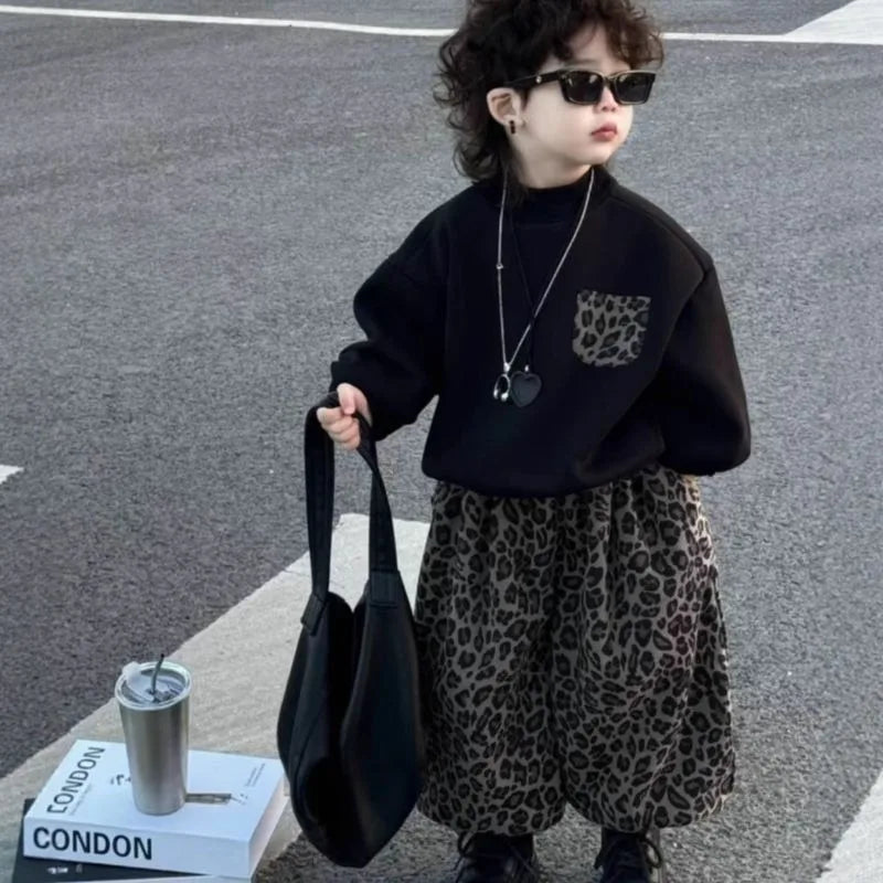 1-18Y Autumn Children's Set 2025 New Fashion Leopard Pattern Pants Korean Stylish Teens Boys' and Girls' Round Neck Hoodies Set