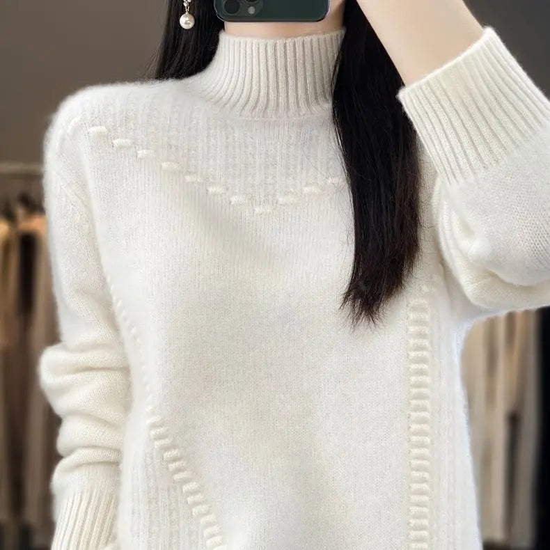 2024 Autumn New Loose Women's Semi-turtleneck Thickened Solid Color Simple Crochet Casual Knitted Sweater Pullover Top