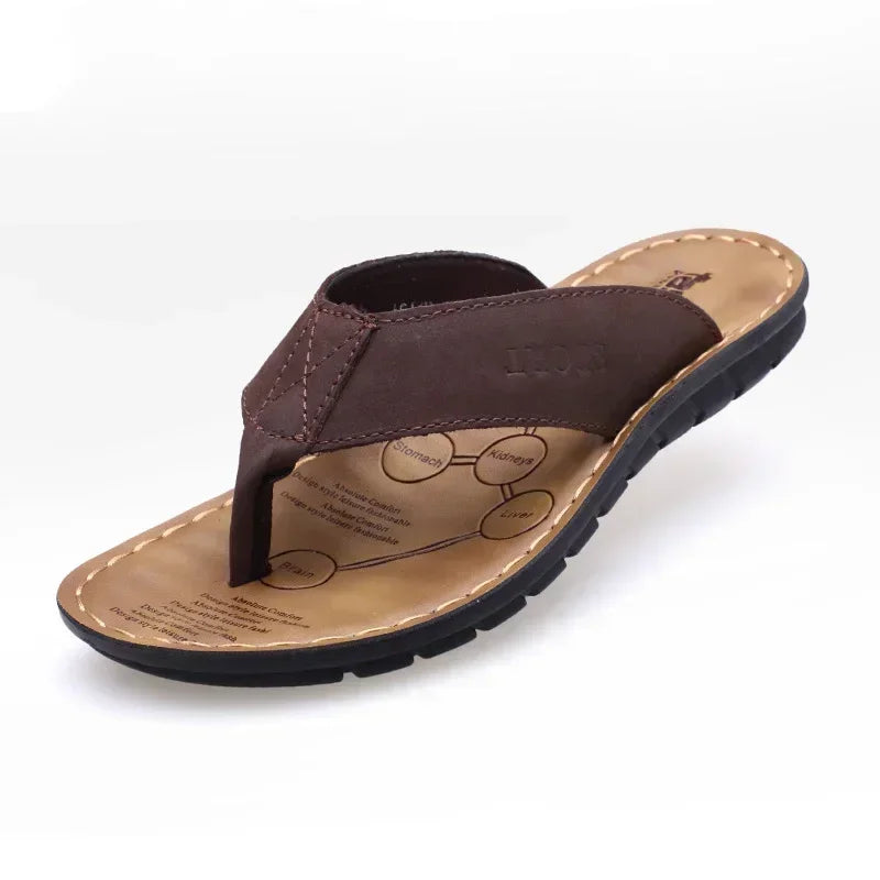 Summer Shoes Men Slippers Genuine Leather Beach Slippers Outdoor Anti-slip Mens Flip Flop Sandals Male Khaki Leather Sandals