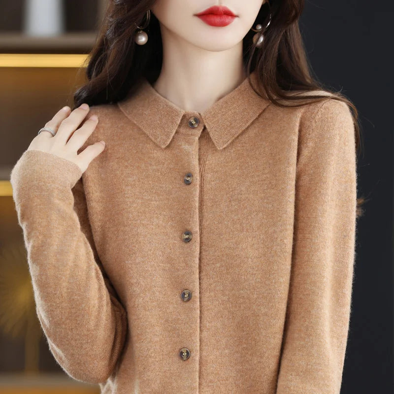 "Women's Pure Wool Lapel Cardigan – Autumn & Winter Casual Sweater"
