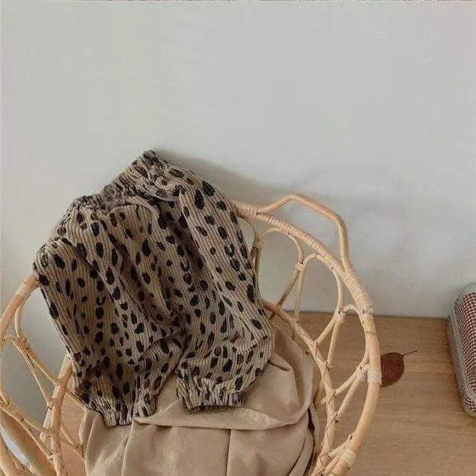 Korean Style Toddler Girls Corduroy Harem Pants 1-8Y Leopard Floral Print Autumn Winter Fleece-Lined or Thin Casual Pants
