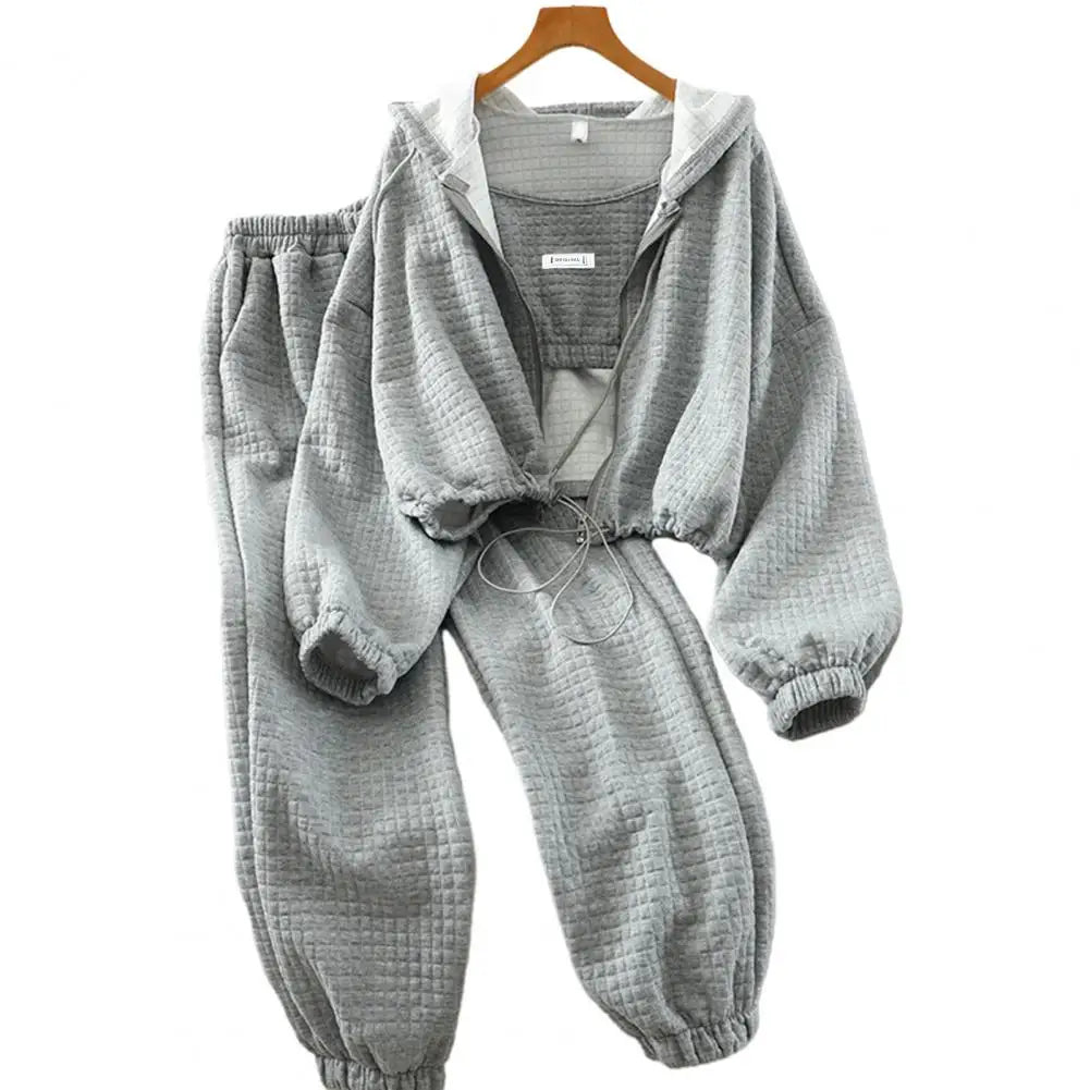 Women Vest Coat Pants Set Zipper Placket Coat Sport Pants Set Women's Autumn Winter Sport Outfit Sling Vest Hooded Coat Elastic