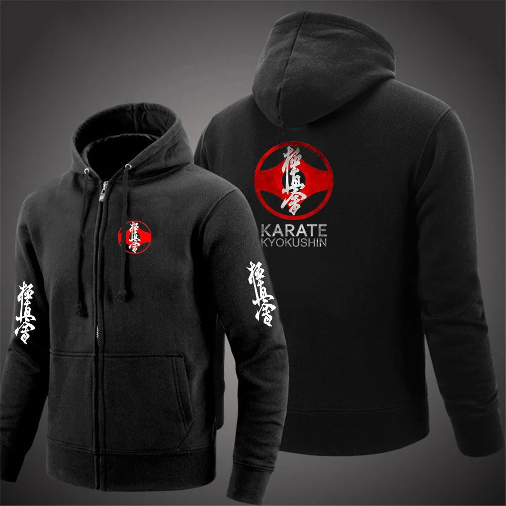 2025 Kyokushin Karate Printed Hooded Long Sleeve Men Jacket Drawstring Zipper Closure Solid Color Casual Sweatshirt Clothing