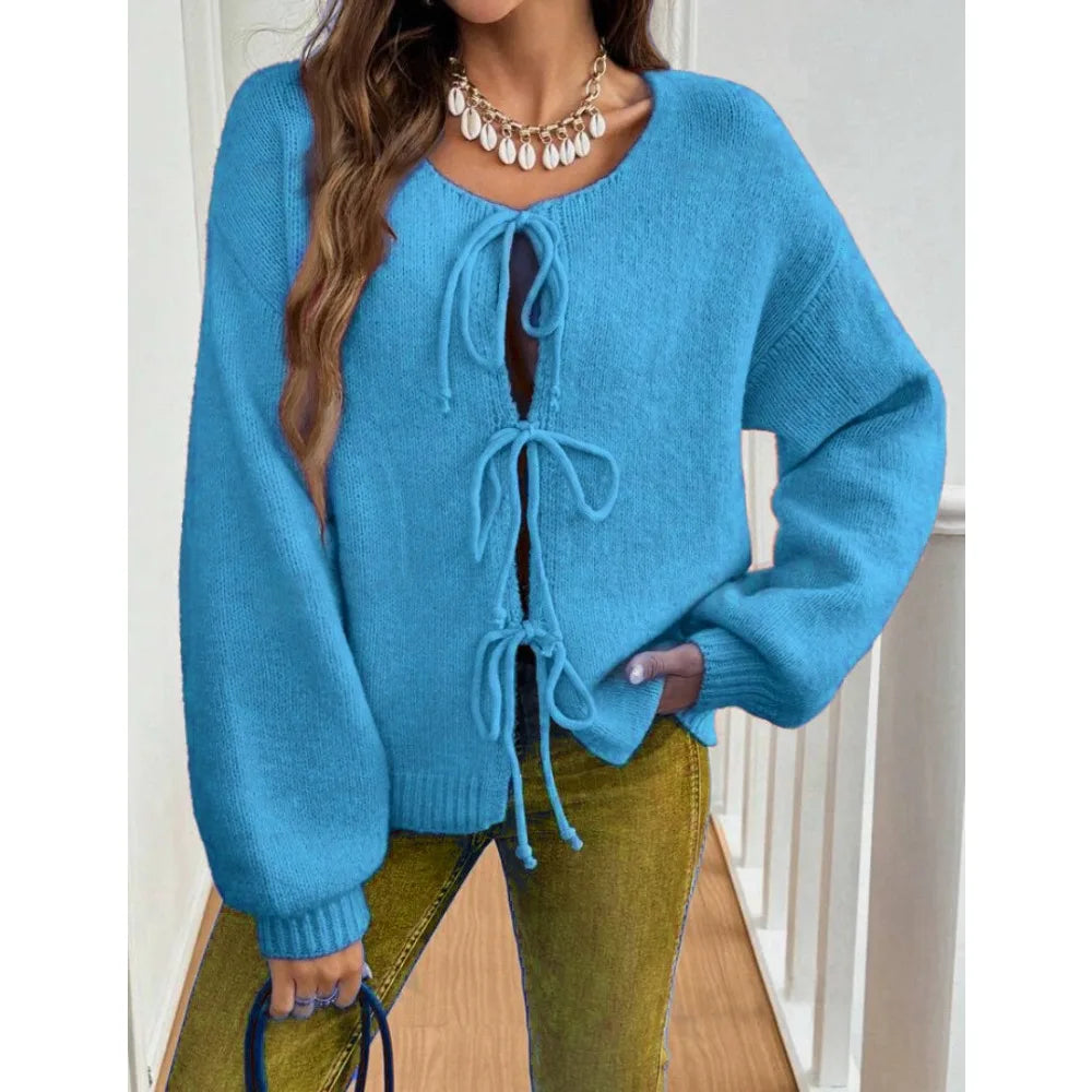 Women Solid Round Neck Lace Up Sweaters Cardigan Splice Knit Straight Jumpers Casual Long Sleeve Office Lady Autumn Winter