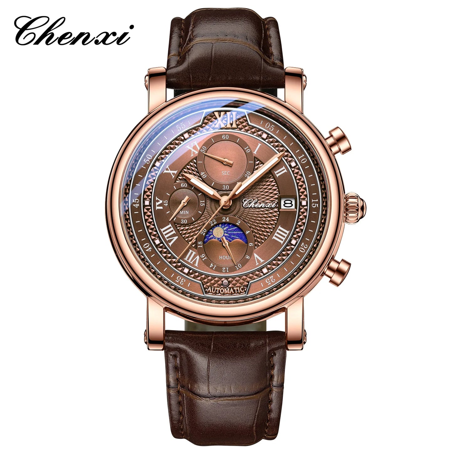 CHENXI 976 Multi functional Clock True Three Eye Six Needle Lunar Calendar Business Quartz Leather Men's Watches montres hommes