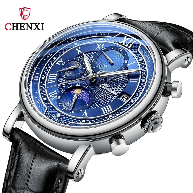 CHENXI 976 Multi functional Clock True Three Eye Six Needle Lunar Calendar Business Quartz Leather Men's Watches montres hommes