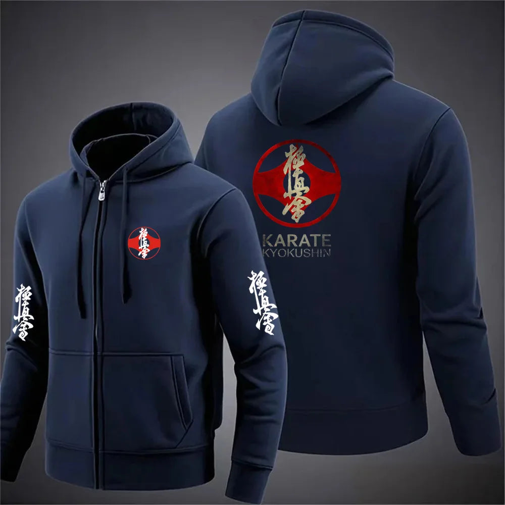 2025 Kyokushin Karate Printed Hooded Long Sleeve Men Jacket Drawstring Zipper Closure Solid Color Casual Sweatshirt Clothing