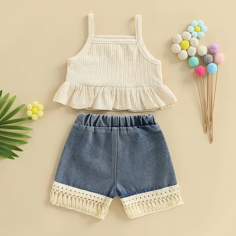 Pudcoco Kids Baby Girls Shorts Set, Flowers Camisole with Tasseled Denim Shorts Summer 2-piece Outfit 6M-4T