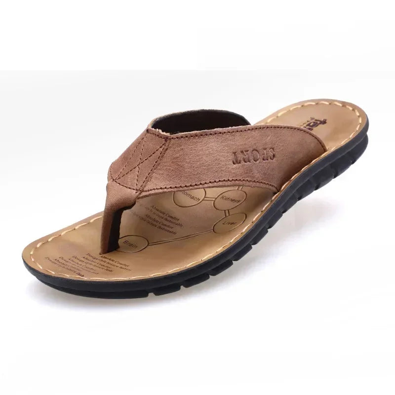 Summer Shoes Men Slippers Genuine Leather Beach Slippers Outdoor Anti-slip Mens Flip Flop Sandals Male Khaki Leather Sandals