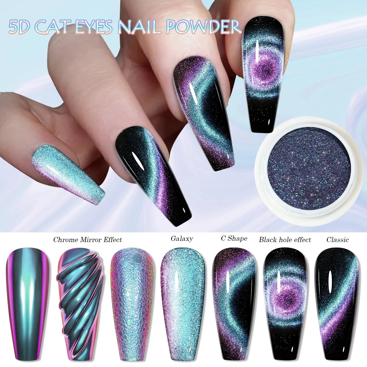 5D Chameleon Cat's Eye Magnetic Nail Glitter Pigment Achieve Holographic Chrome Nails Laser Effect for Nail Gel Polish Manicures