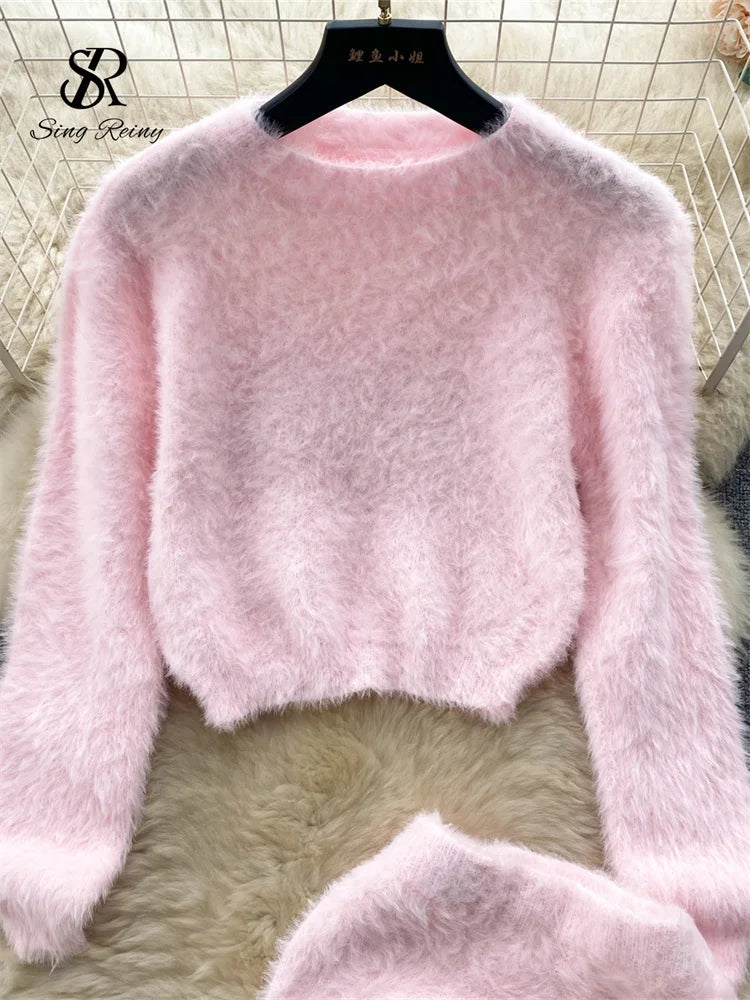 SINGREINY Sweet Flur Suits O Neck Long Sleeves Pullover+High Waist Bodycon Skirt 2023 Korean Style Lady Solid Thick Sweater Sets