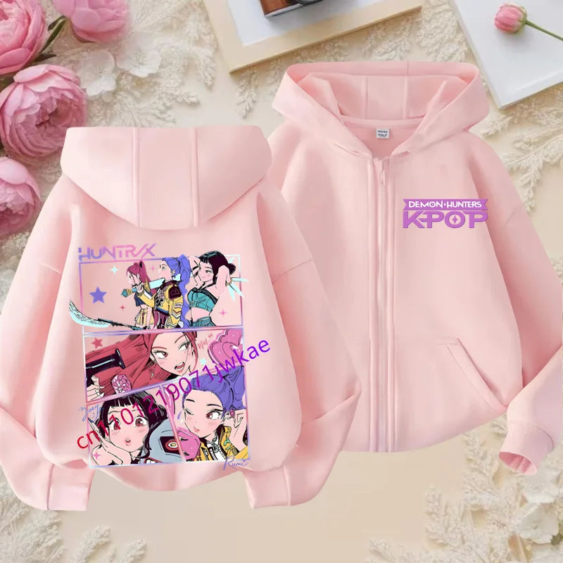 Kid Girl Boy Sweatshirt Zipper Pink Hoody Baby Casual Tops Funny Zip Up Sweatshirts Kpop Demon Hunters Hoodie Children Clothes
