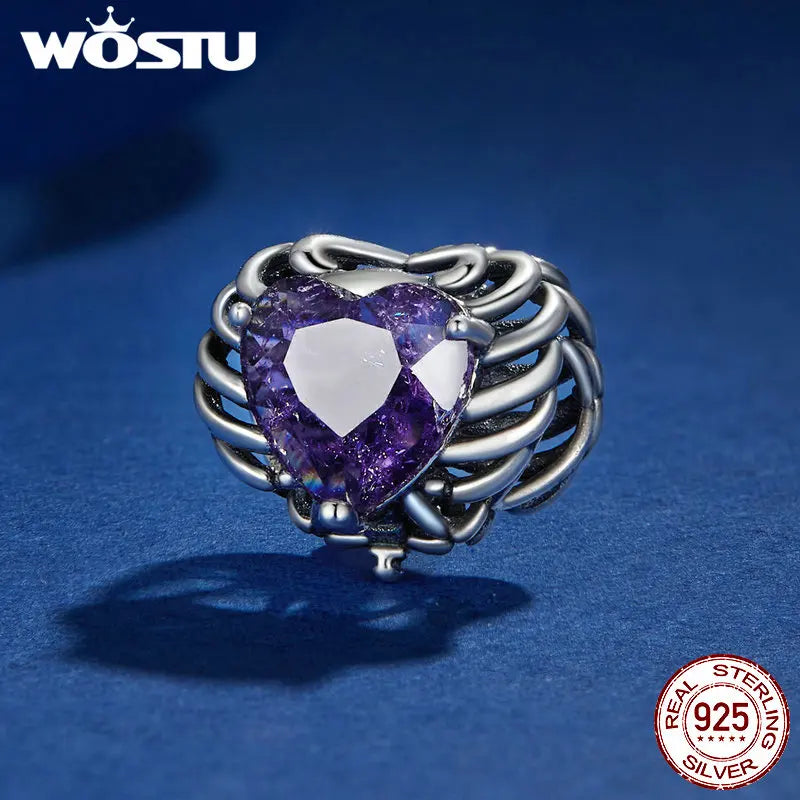 WOSTU 925 Sterling Silver Halloween Gift Purple Pendant Punk Skeleton Hand Bead Skull Butterfly Charm Fit DIY  Bracelet Necklace