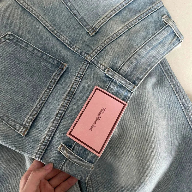 Denim Pant Women Jeans Basics Full Length Straight Wide Leg Pants High Waist Pockets Button Solid Vintage Trousers Casual Denims