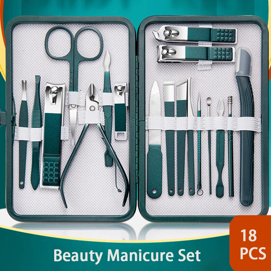 Green 6-18 Pcs Manicure Set With Leather Case Professional Foot And Face Care Tool Kits Stainless Steel Nail Clipper Sets Gift