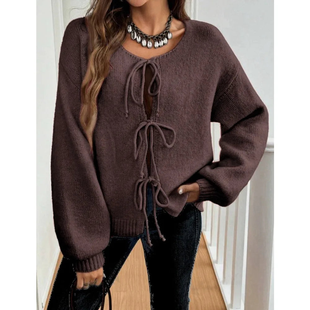 Women Solid Round Neck Lace Up Sweaters Cardigan Splice Knit Straight Jumpers Casual Long Sleeve Office Lady Autumn Winter