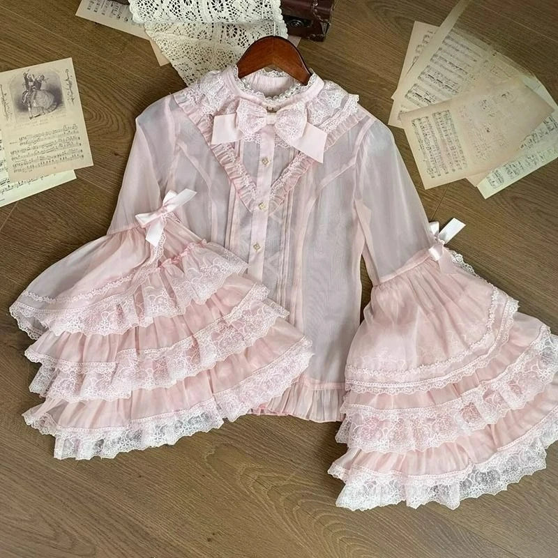 Pink Japan Lolita Flare Sleeve Sweet Bow Shirts Y2k Aesthetic Slash Neck Lace Patchwork Blouse Women Loose Grunge Ruffled Blusas