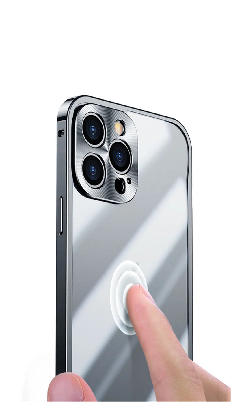 For iPhone 17 16 15 14 13 12 11 Por Max Plus Electroplated Metal Frame Semi Transparent Phone Case Shockproof Protective Cover