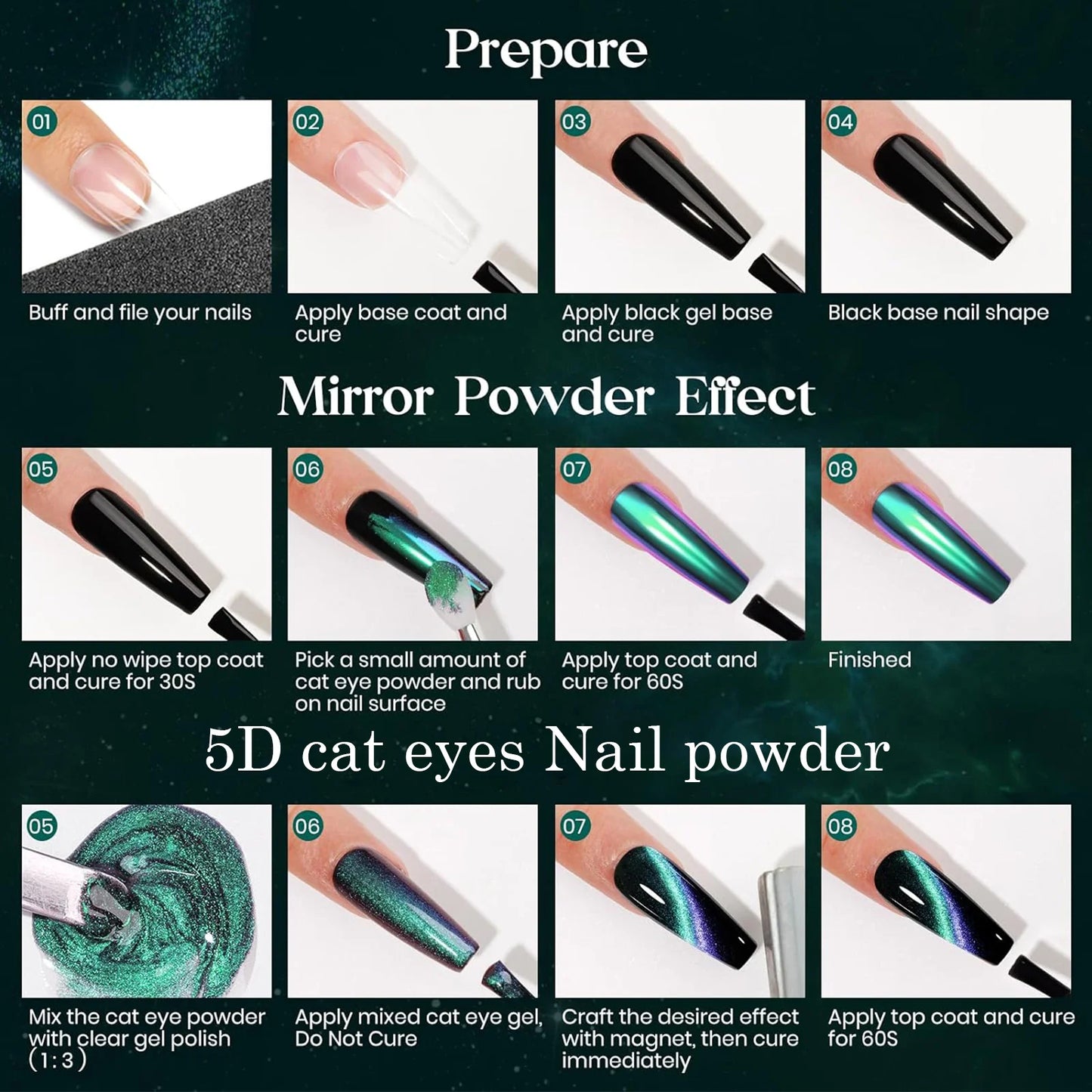 5D Chameleon Cat's Eye Magnetic Nail Glitter Pigment Achieve Holographic Chrome Nails Laser Effect for Nail Gel Polish Manicures