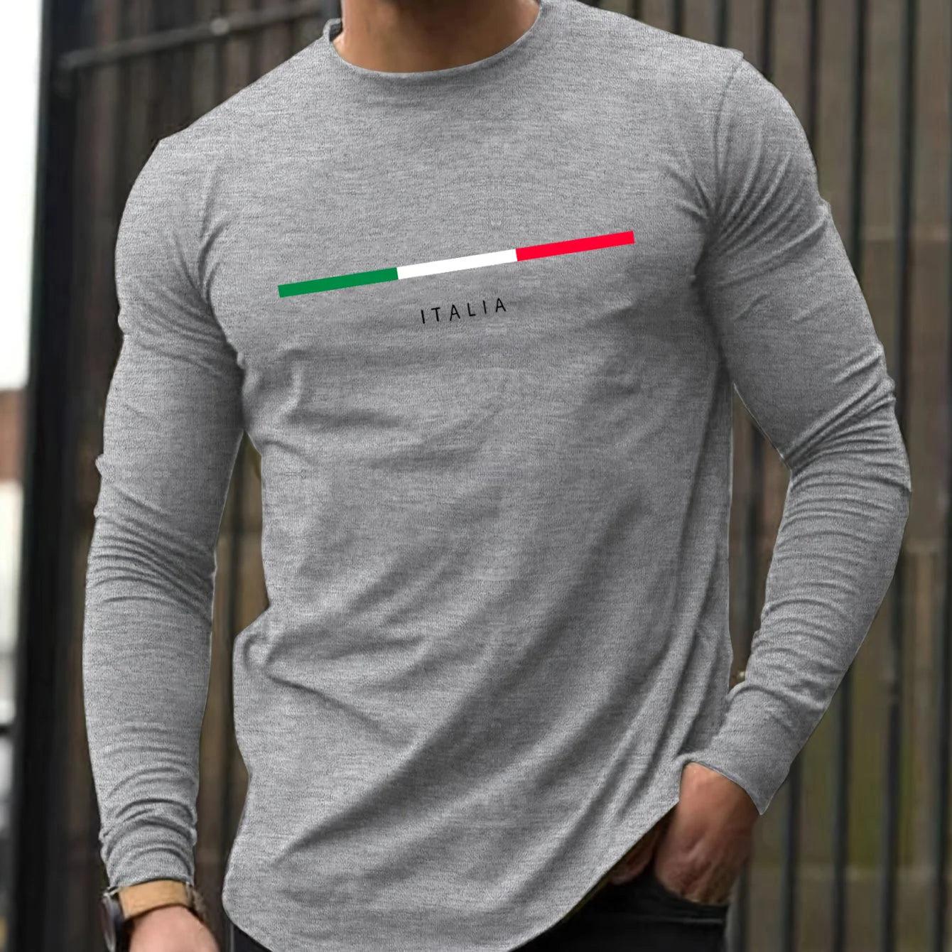 Men's Spring and Autumn 100% Cotton Loose Comfortable Casual ITALIA Letter Pattern Printed Round Neck Long Sleeve T-shirt