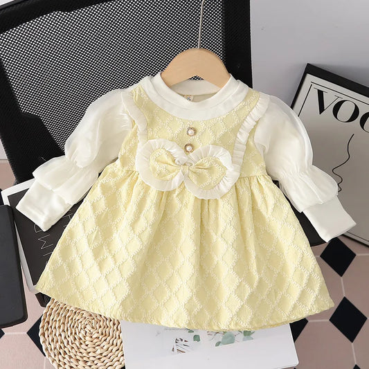 (9 Months -3 Years Old) Spring And Autumn New Sweet Bow Baby Girl Dress, Princess Style Children'S Long Sleeve Clothes