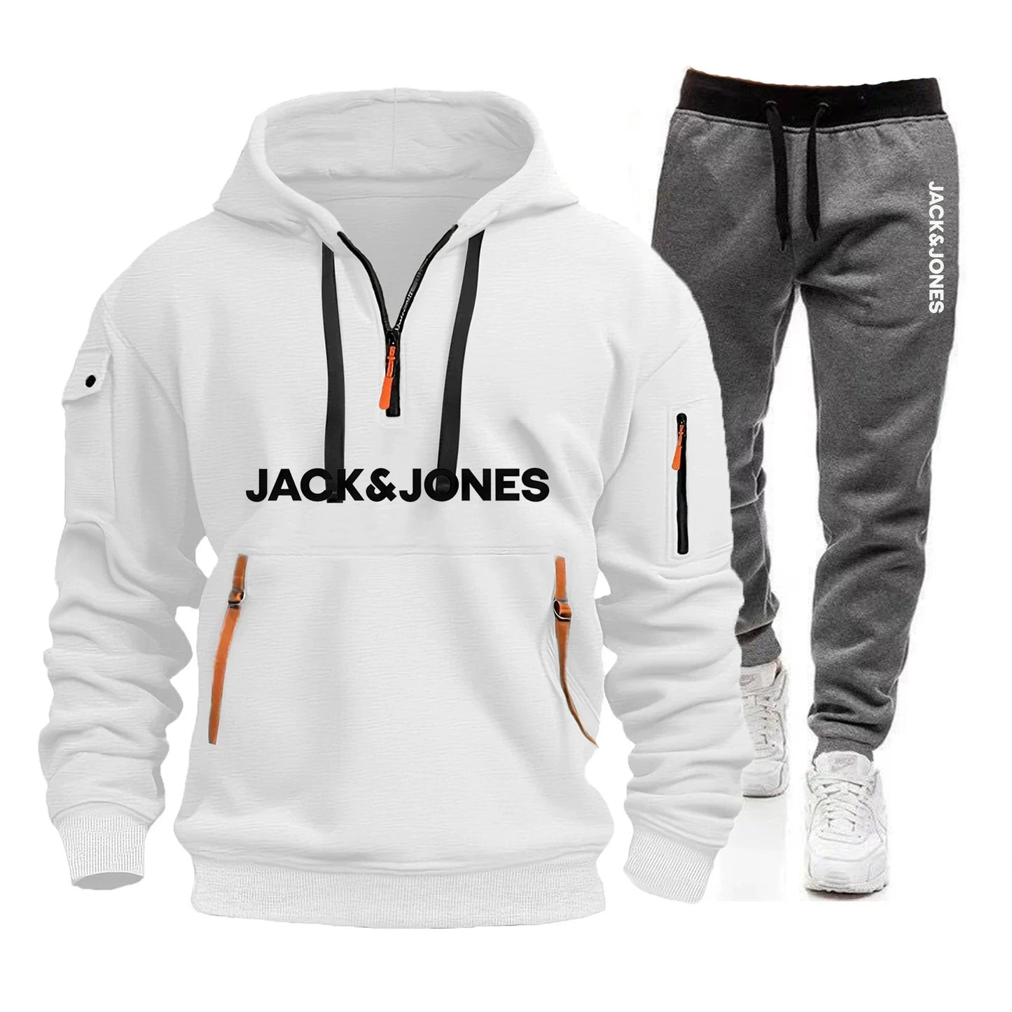 Two sets of men's sportswear for autumn/Winter 2025, including a sweatshirt and two sets of fitness jogging pants with wool caps