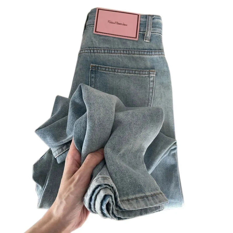 Denim Pant Women Jeans Basics Full Length Straight Wide Leg Pants High Waist Pockets Button Solid Vintage Trousers Casual Denims