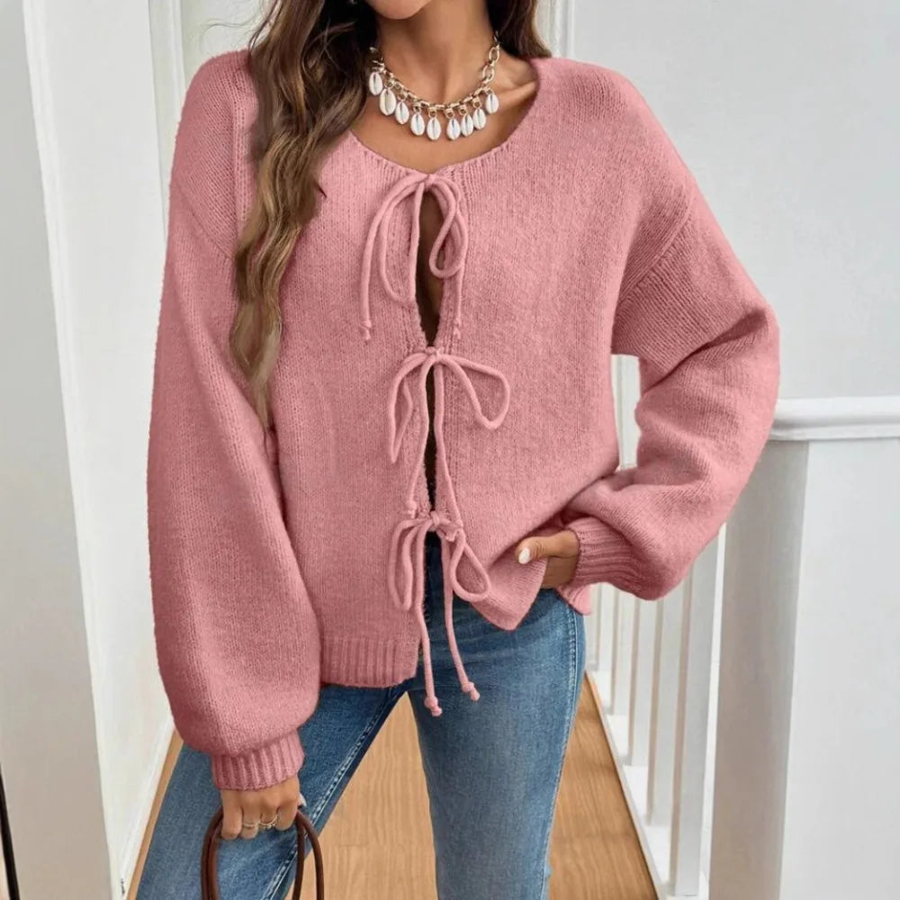 Women Solid Round Neck Lace Up Sweaters Cardigan Splice Knit Straight Jumpers Casual Long Sleeve Office Lady Autumn Winter