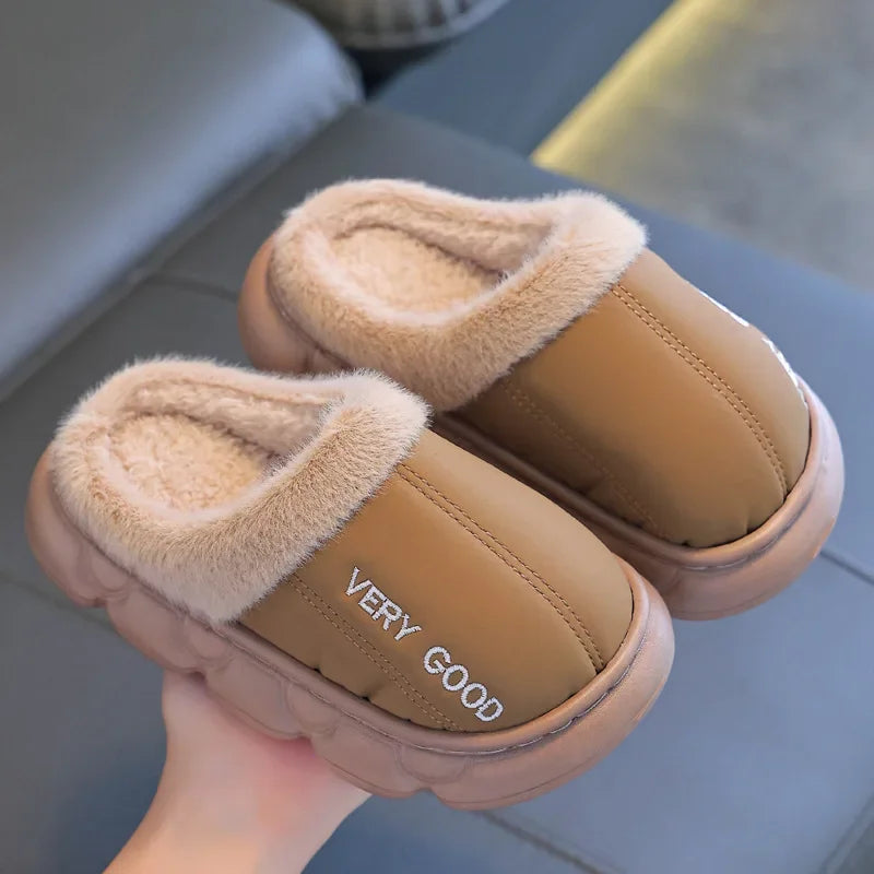 Waterproof Anti-Slip Kids Slippers Winter Warm Plush House Shoes for Boys Girls Indoor Outdoor Home Use