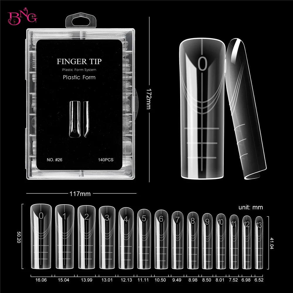 BNG 140Pcs Poly Extension Gel Dual Nail Forms Reusable Nail Molds for Builder Extension 14 Size Top Forms for Nail Art Design