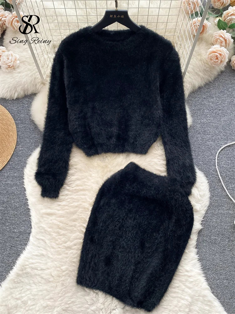 SINGREINY Sweet Flur Suits O Neck Long Sleeves Pullover+High Waist Bodycon Skirt 2023 Korean Style Lady Solid Thick Sweater Sets