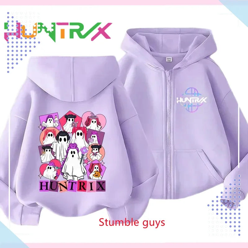 Kids Purple Zipper Hoodies Spring Autumn Kpop Demon Hunters Sweatshirt For Spring Picnic & Autumn Walk